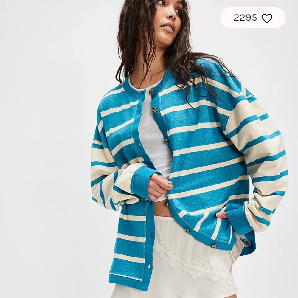 Free People Blue and White Knit Cardigan
